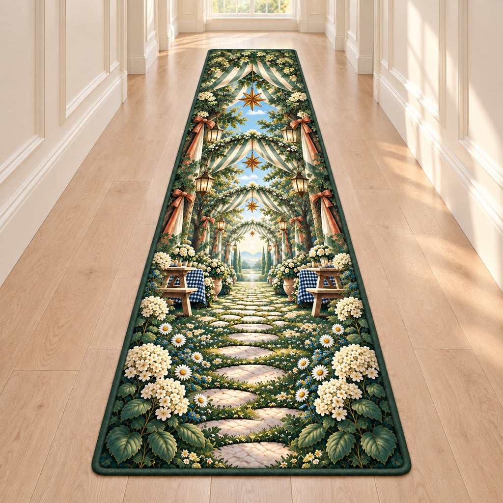 Reunion Picnic Grove Runner Rug with dimensional printed themed artwork; representative AI-generated mockup.