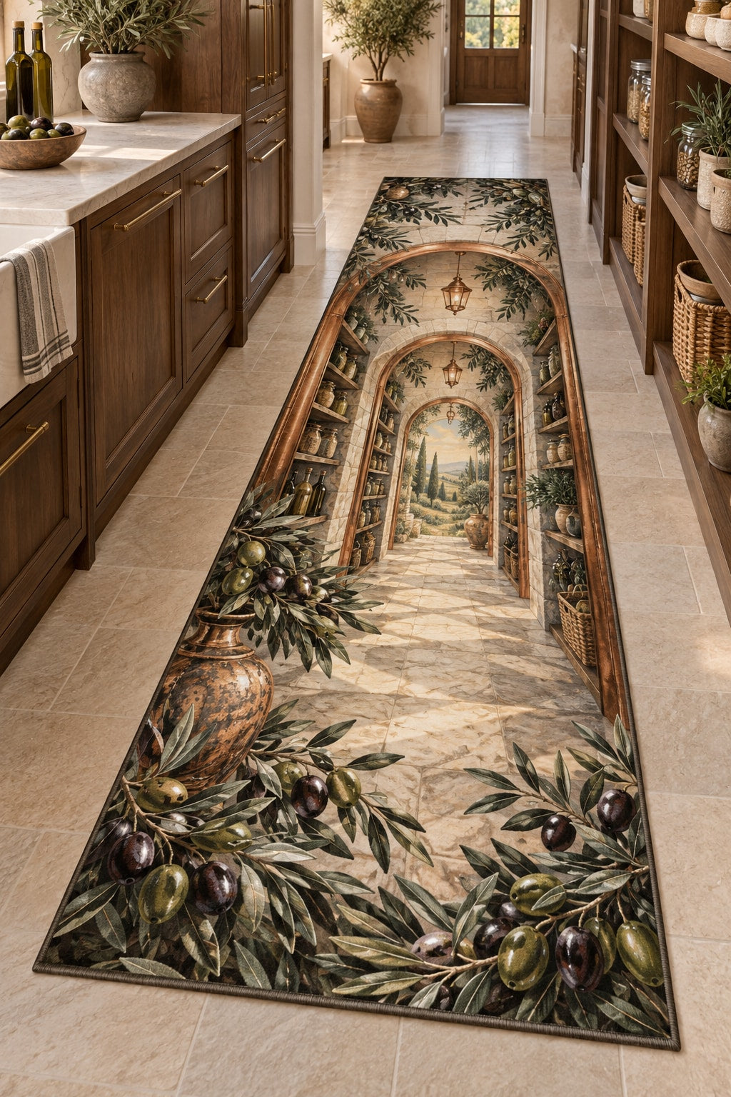 Olive Branch Pantry Runner Rug with dimensional printed themed artwork; representative AI-generated mockup.
