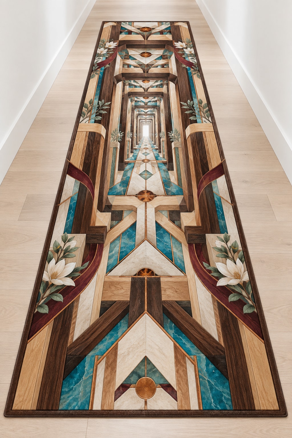 Timber Joinery Atrium Runner Rug with dimensional printed themed artwork; representative AI-generated mockup.