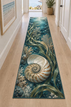 Nautilus Spiral Runner Rug with dimensional printed themed artwork; representative AI-generated mockup.