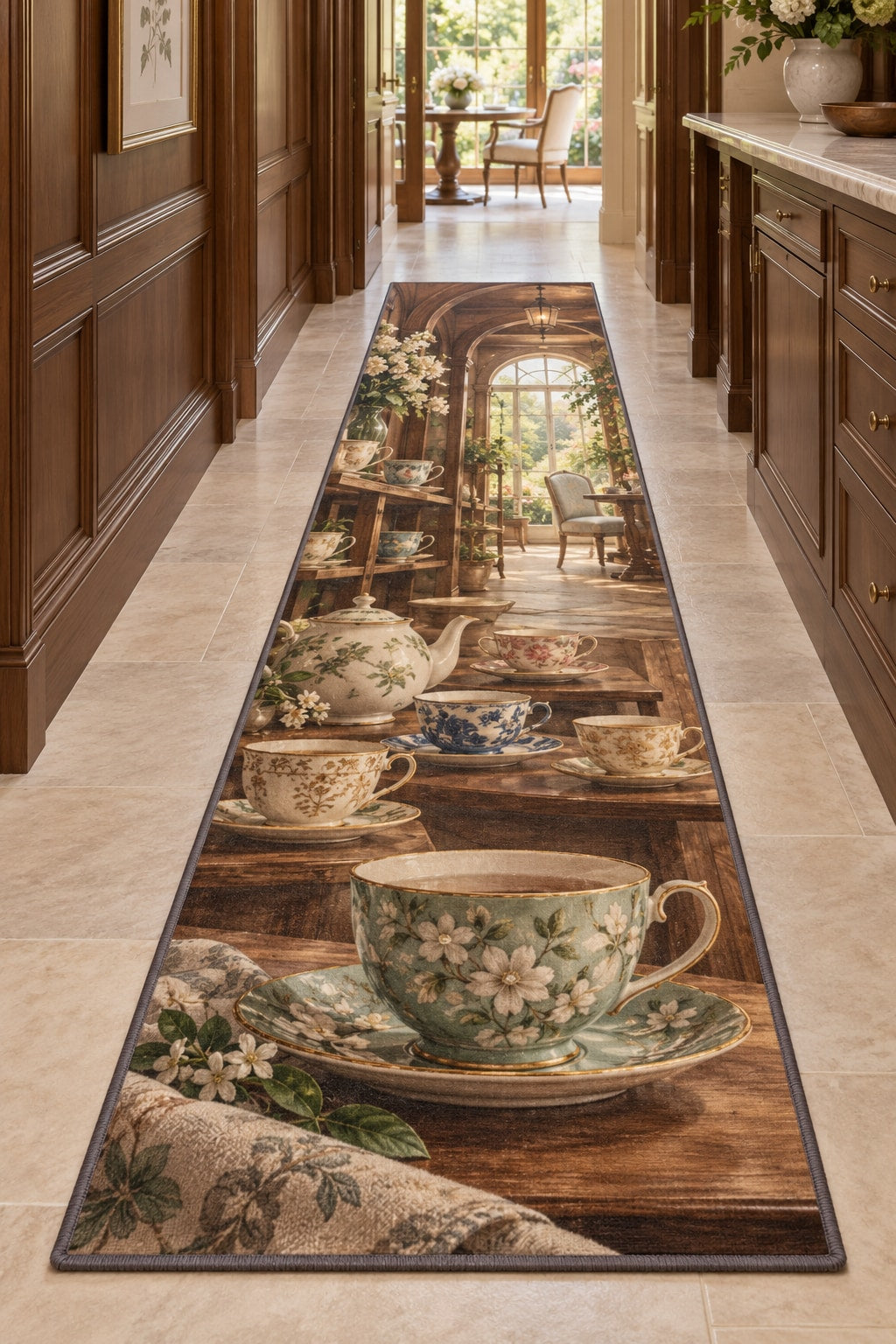 Tea Cup Collection Runner Rug with dimensional printed themed artwork; representative AI-generated mockup.
