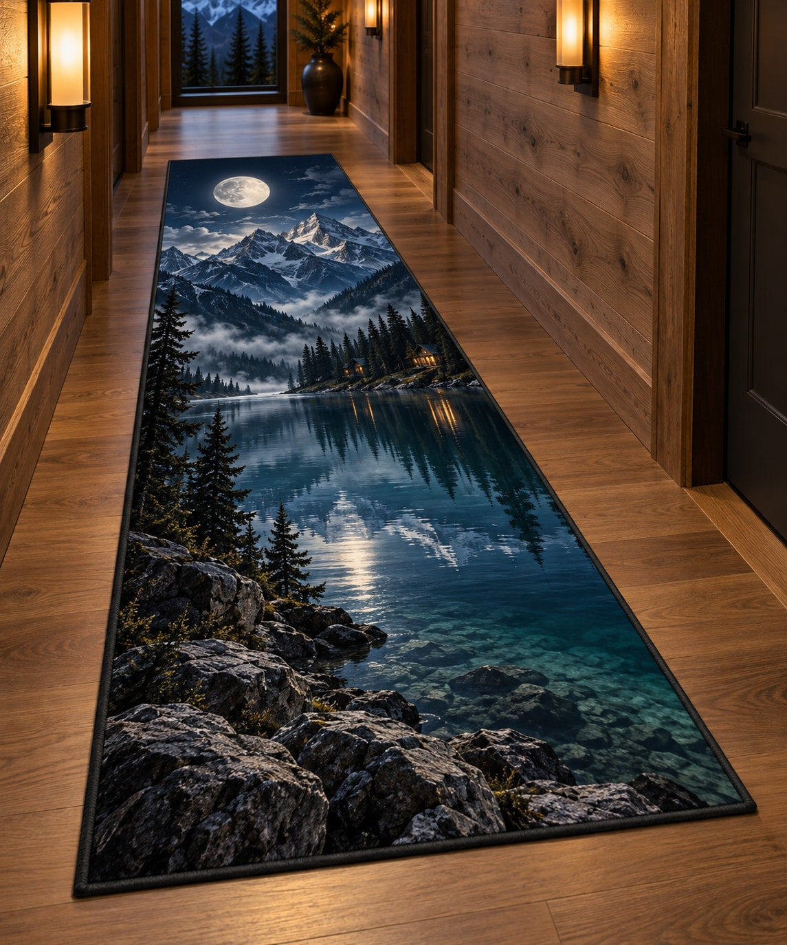 Moon Mountain Landscape Runner Rug with dimensional printed themed artwork; representative AI-generated mockup.