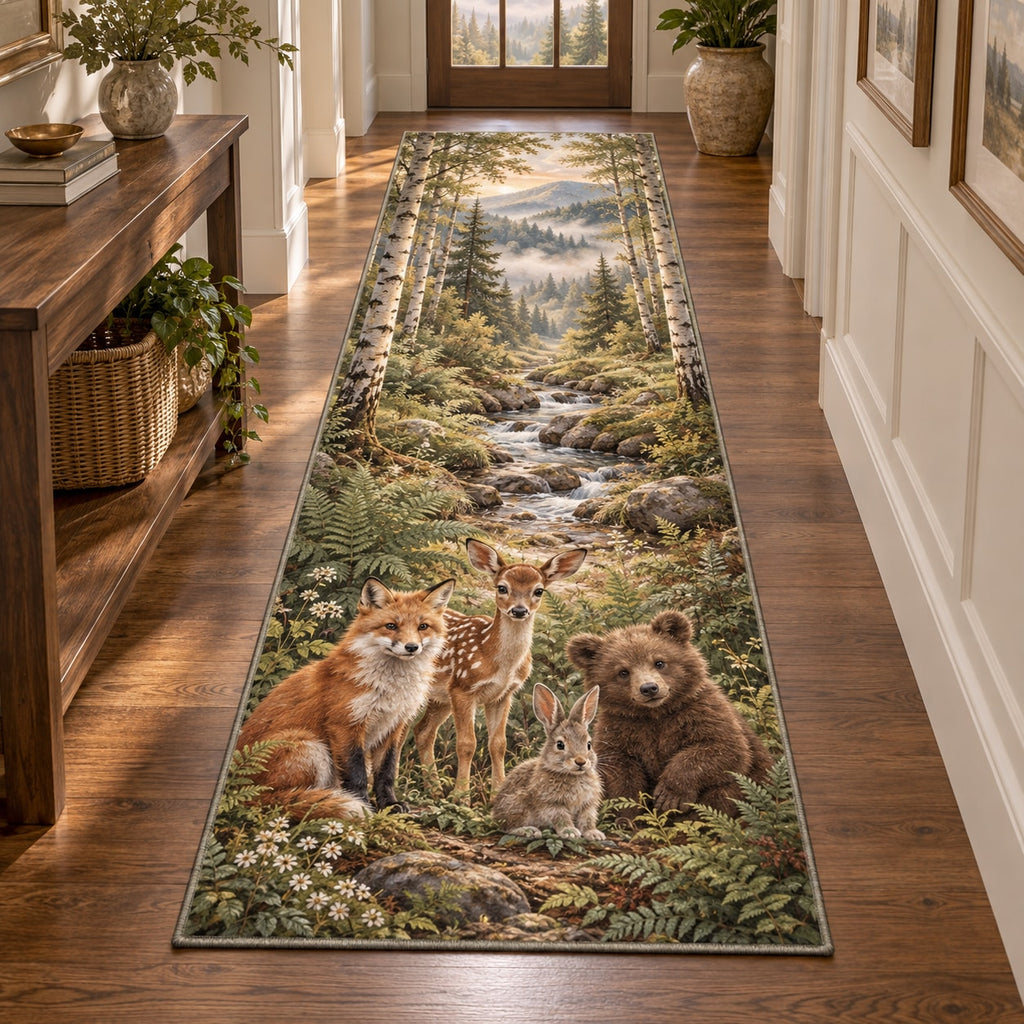 Woodland Animal Friends Runner Rug with dimensional printed themed artwork; representative AI-generated mockup.