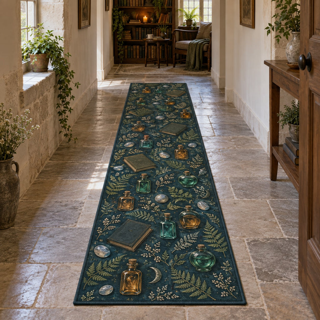 Potion Bottle Still Life Runner Rug with dimensional printed themed artwork; representative AI-generated mockup.