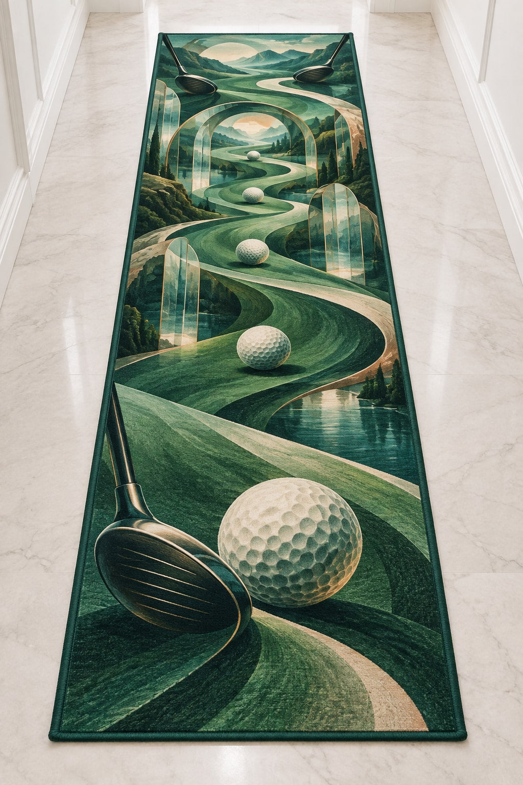 Verdant Pinflight Observatory Runner Rug with dimensional printed themed artwork; representative AI-generated mockup.