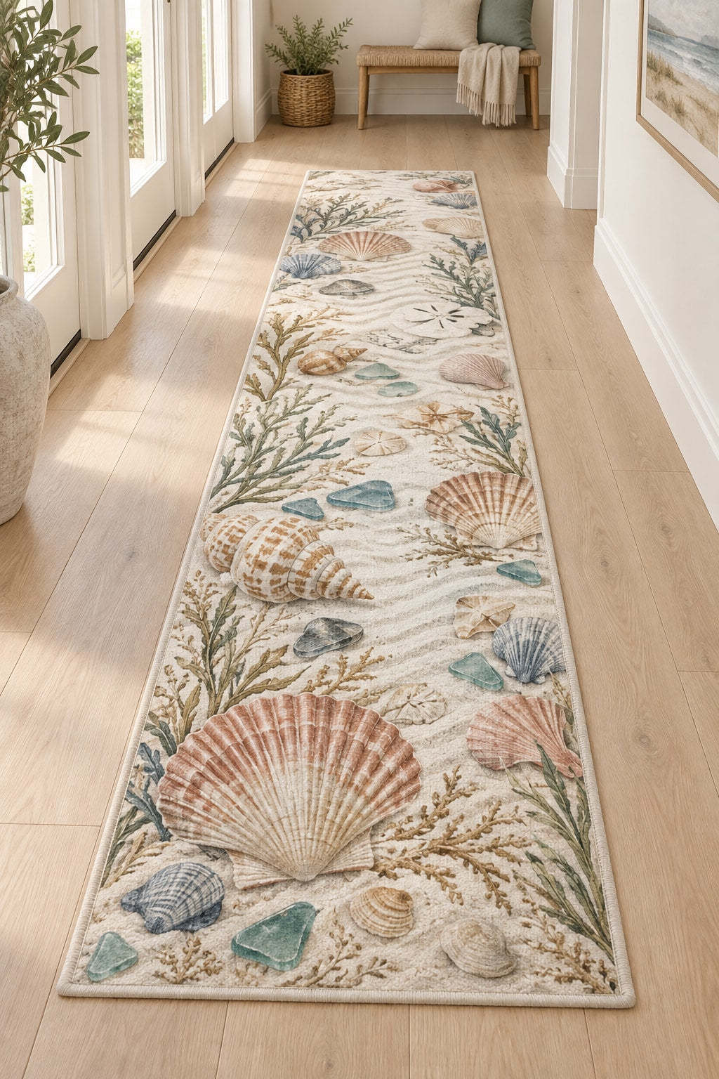 Seashell Study Runner Rug with dimensional printed themed artwork; representative AI-generated mockup.