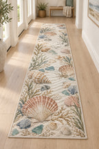Seashell Study Runner Rug with dimensional printed themed artwork; representative AI-generated mockup.