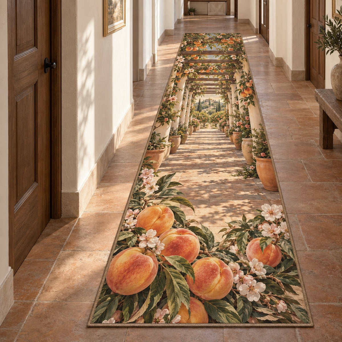 Peach Orchard Runner Rug with dimensional printed themed artwork; representative AI-generated mockup.