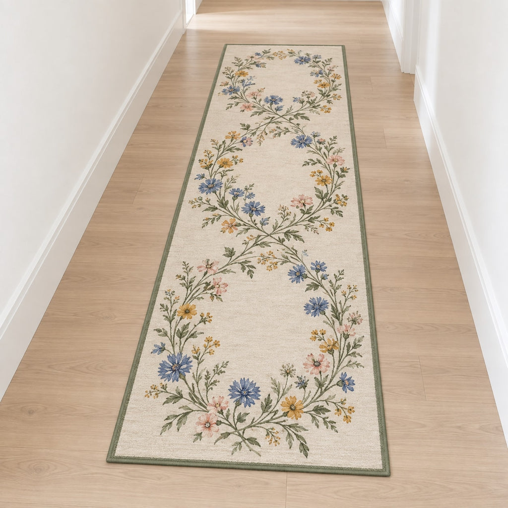 Wildflower Wedding Garden Runner Rug with dimensional printed themed artwork; representative AI-generated mockup.