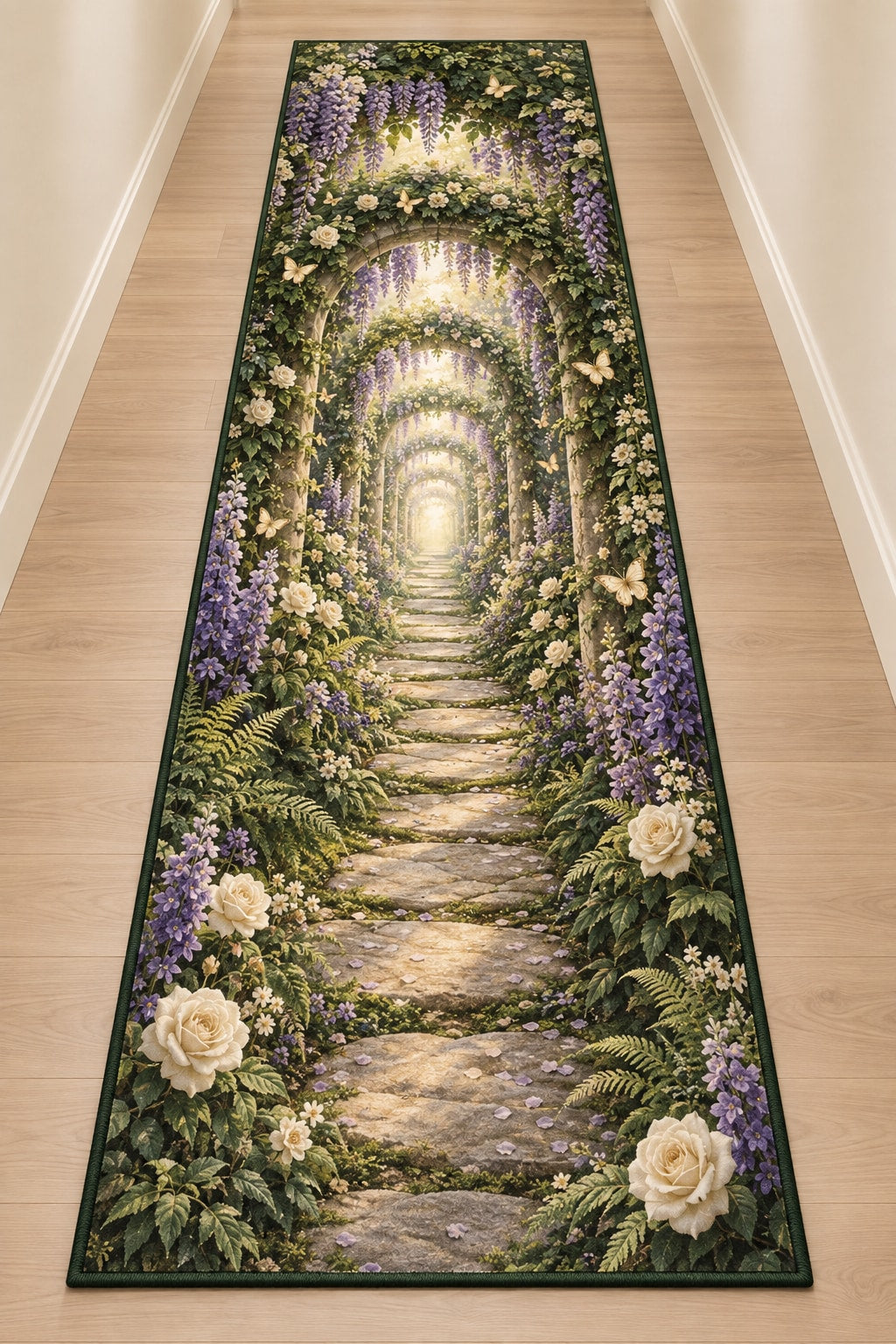 Retirement Garden Portal Runner Rug with dimensional printed themed artwork; representative AI-generated mockup.