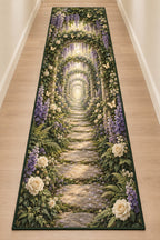 Retirement Garden Portal Runner Rug with dimensional printed themed artwork; representative AI-generated mockup.