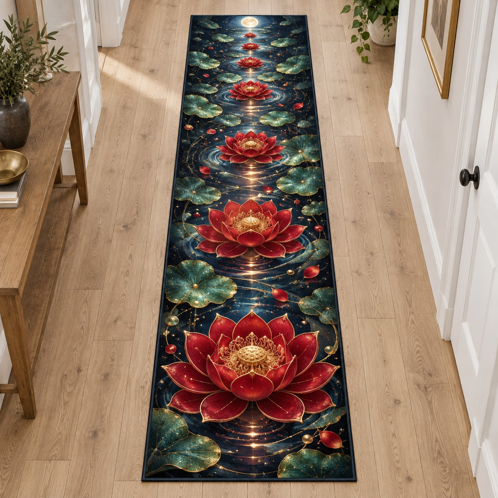 Red Lotus Mandala Runner Rug with dimensional printed themed artwork; representative AI-generated mockup.