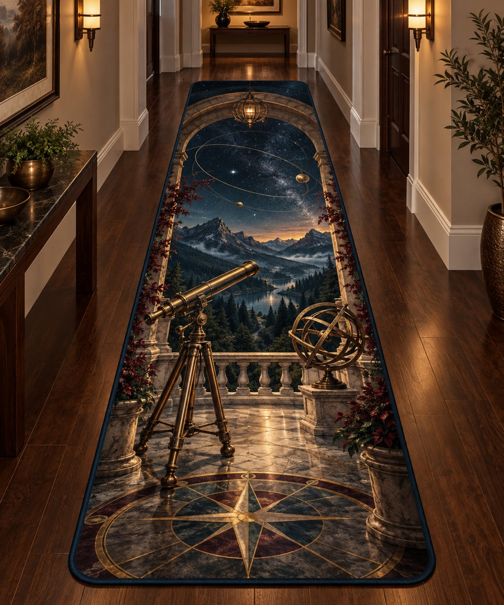 Astronomical Instruments Runner Rug with dimensional printed themed artwork; representative AI-generated mockup.
