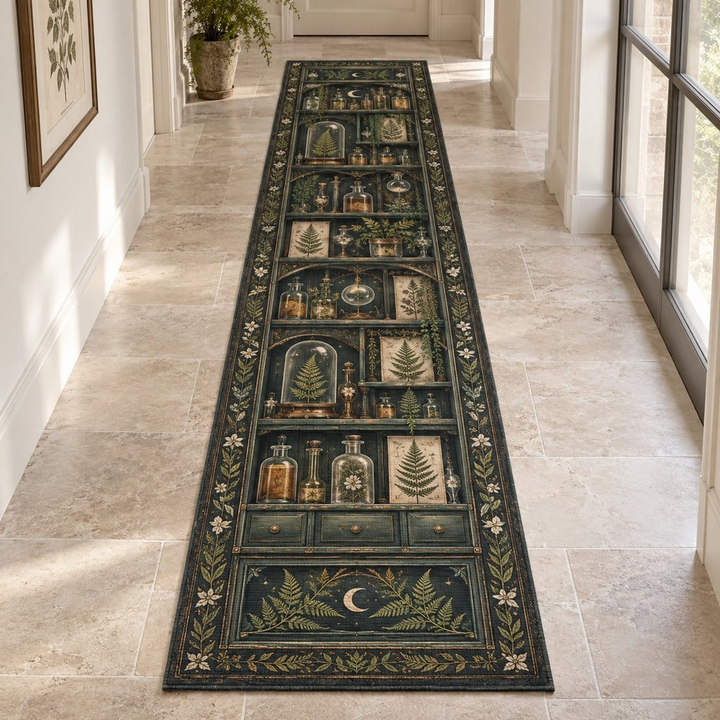 Alchemy Botanical Cabinet Runner Rug with dimensional printed themed artwork; representative AI-generated mockup.