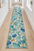 Sea Glass Shapes Runner Rug with dimensional printed themed artwork; representative AI-generated mockup.