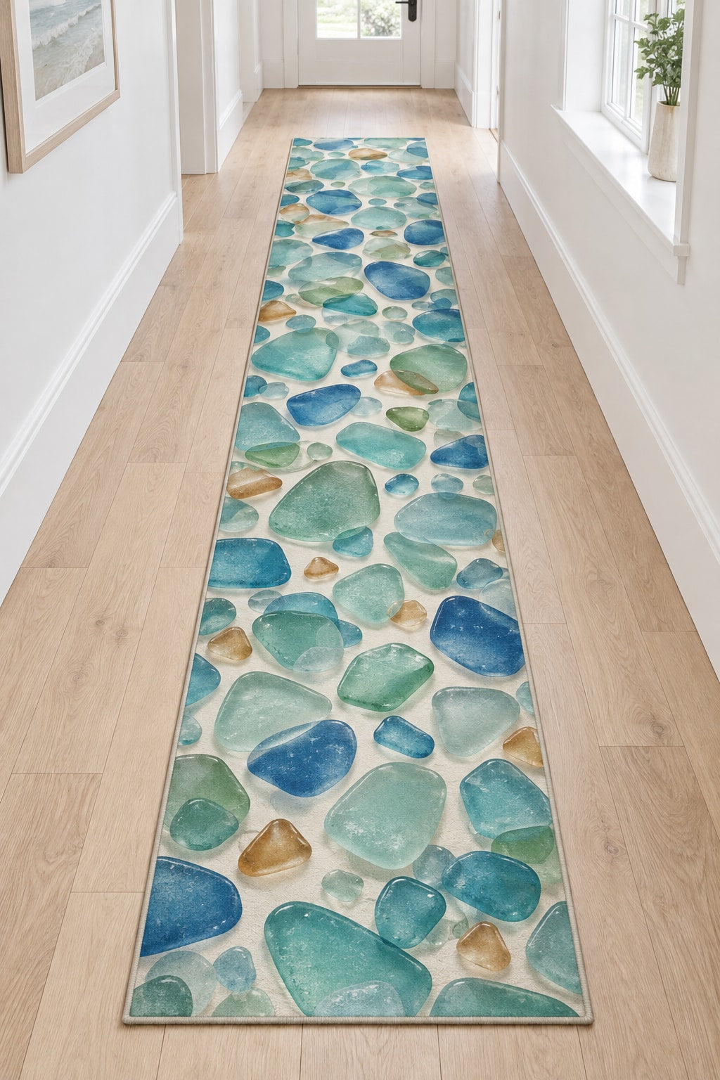 Sea Glass Shapes Runner Rug with dimensional printed themed artwork; representative AI-generated mockup.
