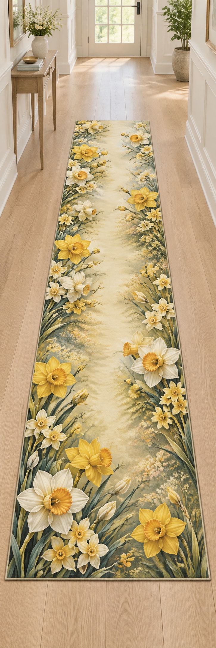 Daffodil and Jonquil Runner Rug with dimensional printed themed artwork; representative AI-generated mockup.
