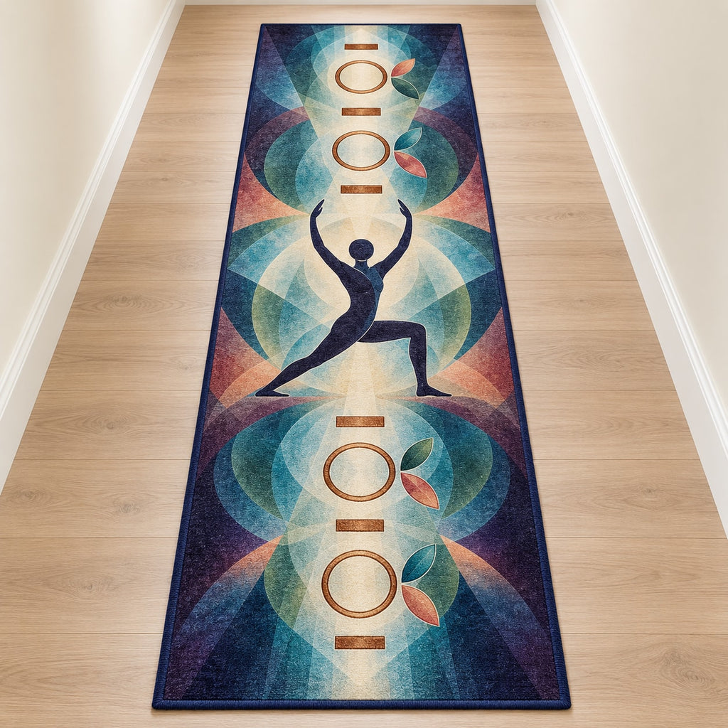 Stillpoint Prism Flow Runner Rug with dimensional printed themed artwork; representative AI-generated mockup.