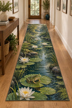 Frog Pond Runner Rug with dimensional printed themed artwork; representative AI-generated mockup.