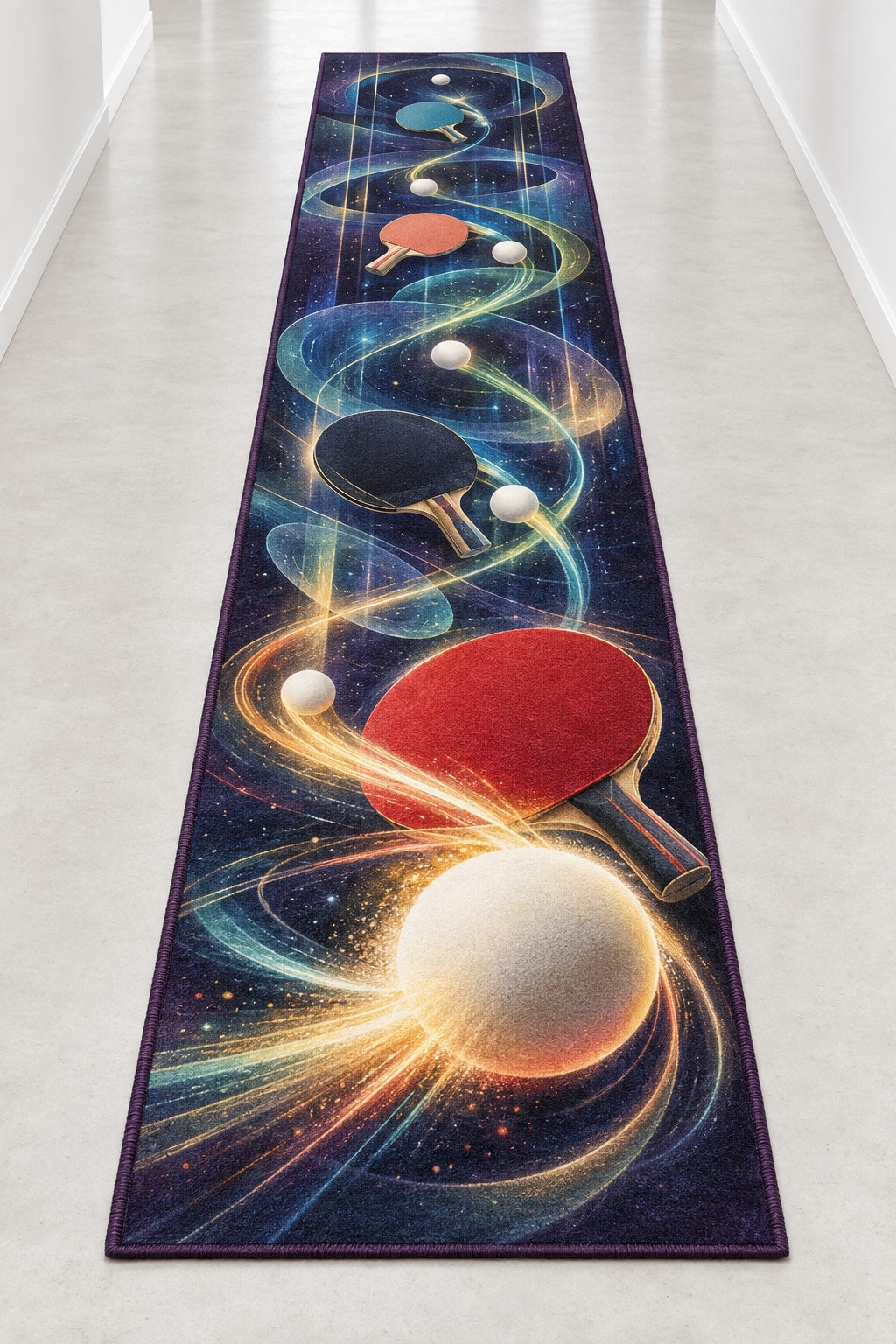 Spinvector Rally Observatory Runner Rug with dimensional printed themed artwork; representative AI-generated mockup.