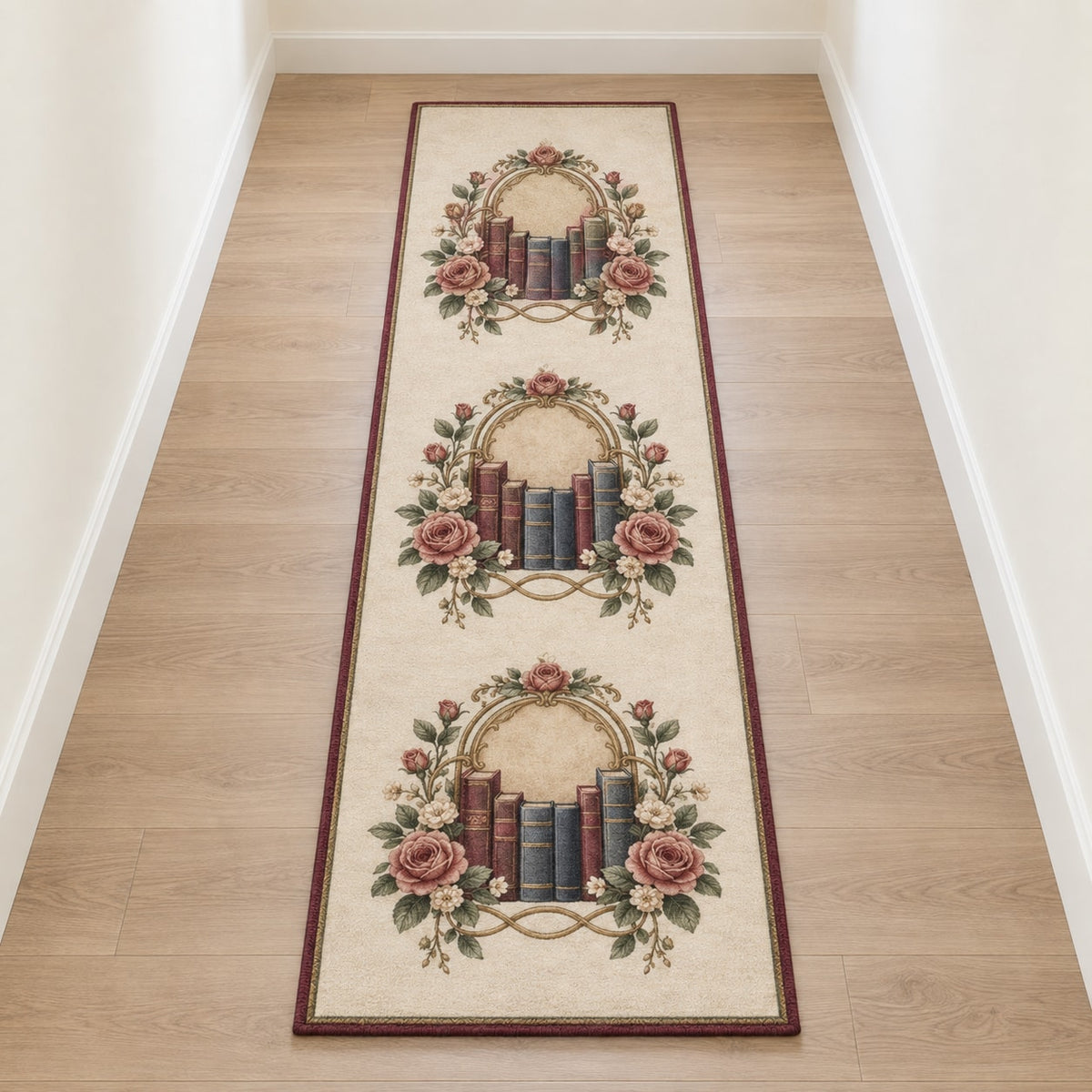 Antique Library Rose Runner Rug with dimensional printed themed artwork; representative AI-generated mockup.