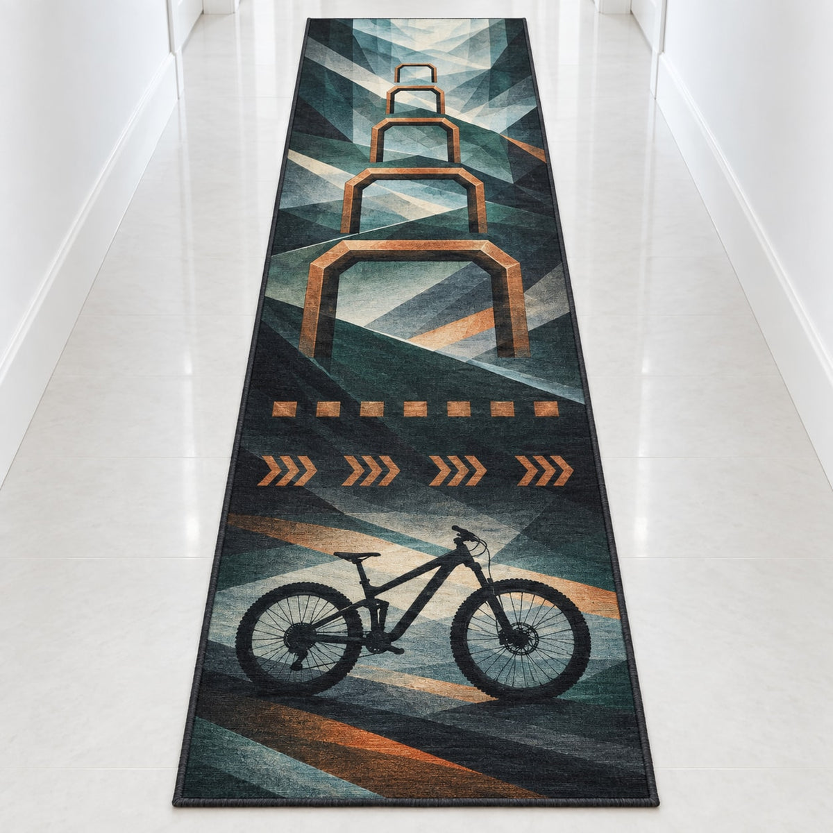 Switchback Ember Traverse Runner Rug with dimensional printed themed artwork; representative AI-generated mockup.