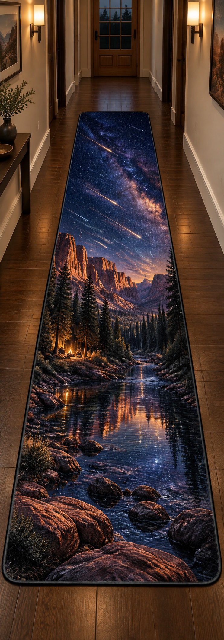Meteor Shower Runner Rug with dimensional printed themed artwork; representative AI-generated mockup.