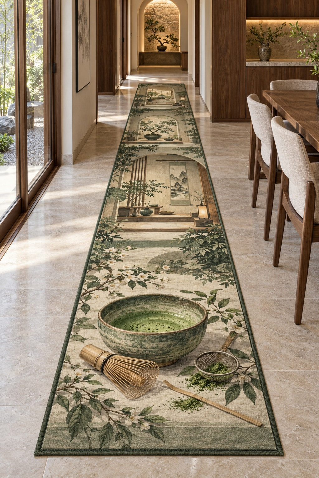 Matcha Ritual Runner Rug with dimensional printed themed artwork; representative AI-generated mockup.