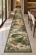 Matcha Ritual Runner Rug with dimensional printed themed artwork; representative AI-generated mockup.