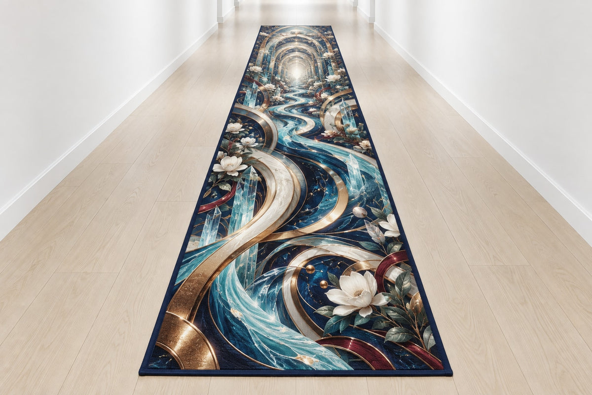 Luminous Circuit Sanctuary Runner Rug with dimensional printed themed artwork; representative AI-generated mockup.