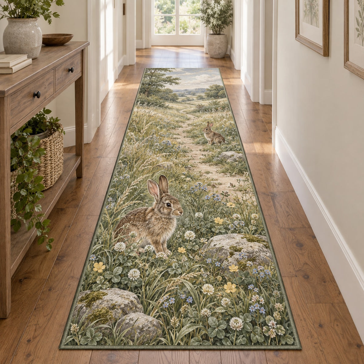 Rabbit Meadow Runner Rug with dimensional printed themed artwork; representative AI-generated mockup.