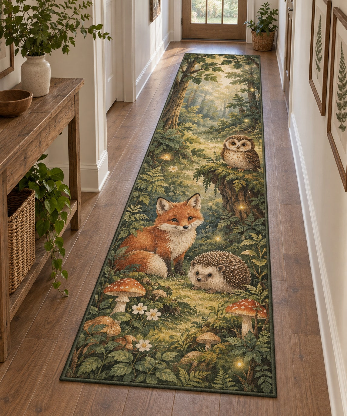 Original Storybook Animals Runner Rug with dimensional printed themed artwork; representative AI-generated mockup.