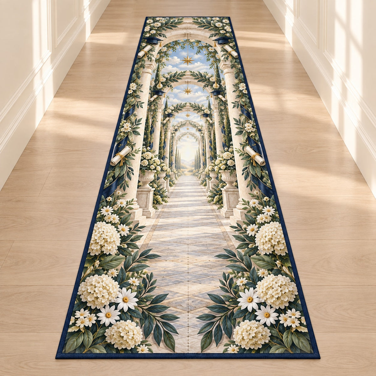 Graduation Laurel Colonnade Runner Rug with dimensional printed themed artwork; representative AI-generated mockup.