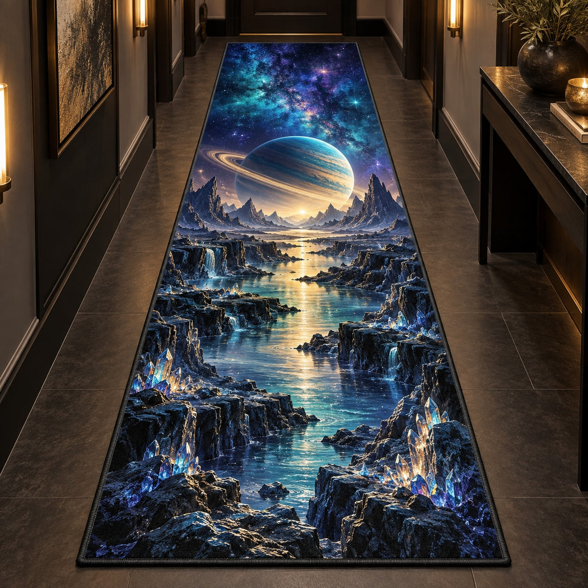 Ringed Planet Runner Rug with dimensional printed themed artwork; representative AI-generated mockup.