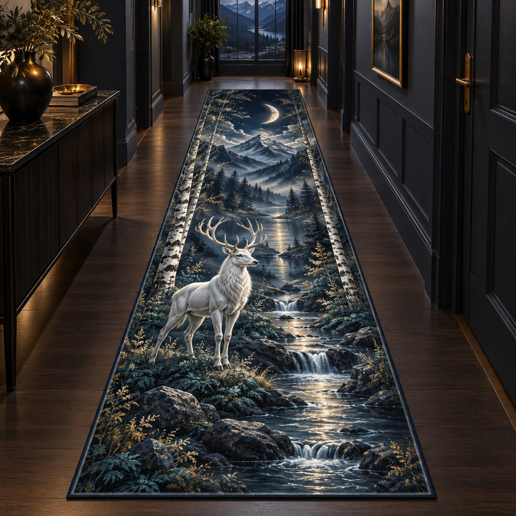 Moonlit White Stag Runner Rug with dimensional printed themed artwork; representative AI-generated mockup.