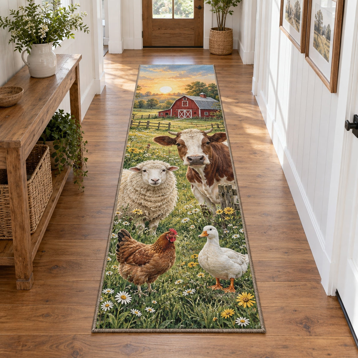 Farm Animal Morning Runner Rug with dimensional printed themed artwork; representative AI-generated mockup.