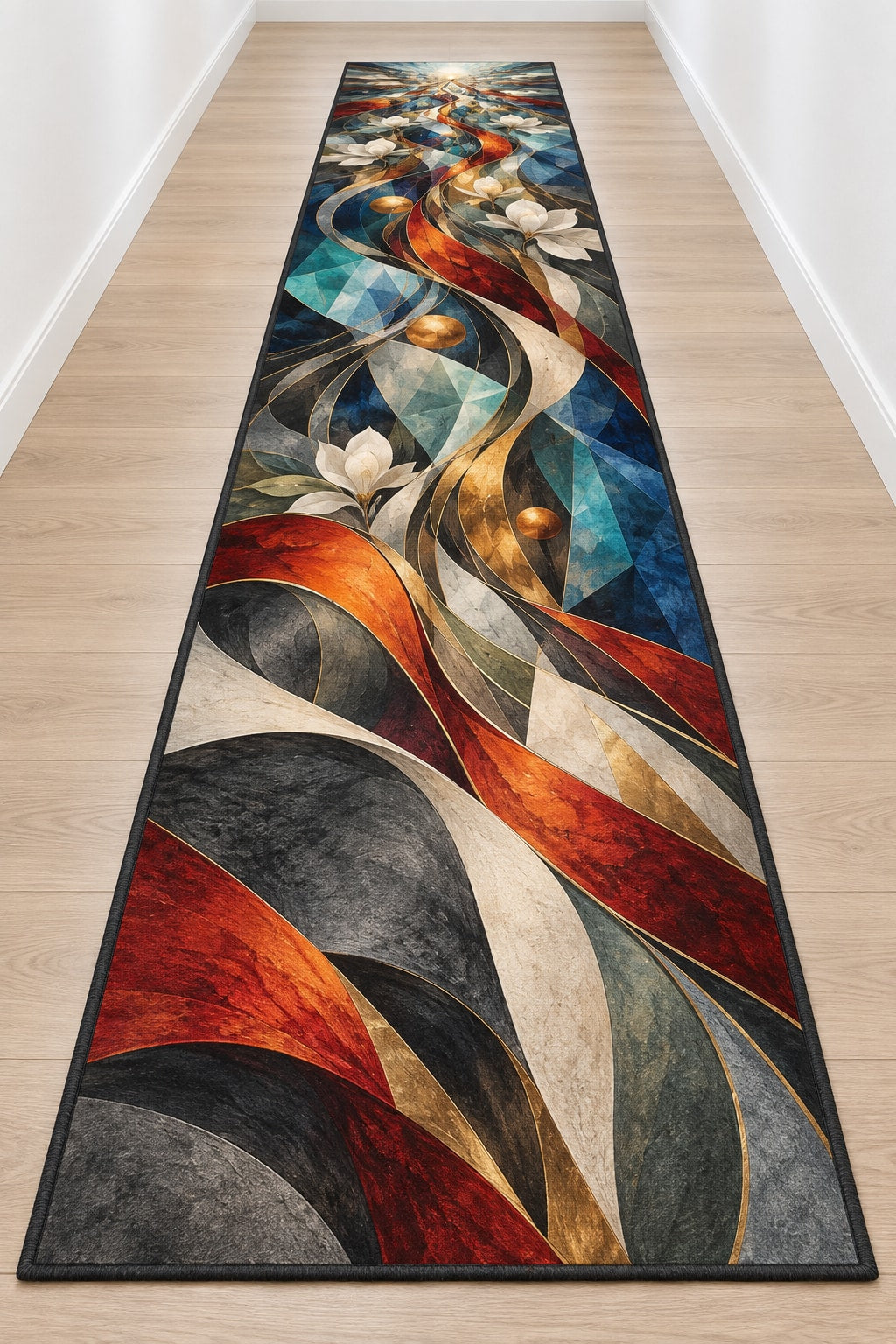 Emberline Rescue Atrium Runner Rug with dimensional printed themed artwork; representative AI-generated mockup.