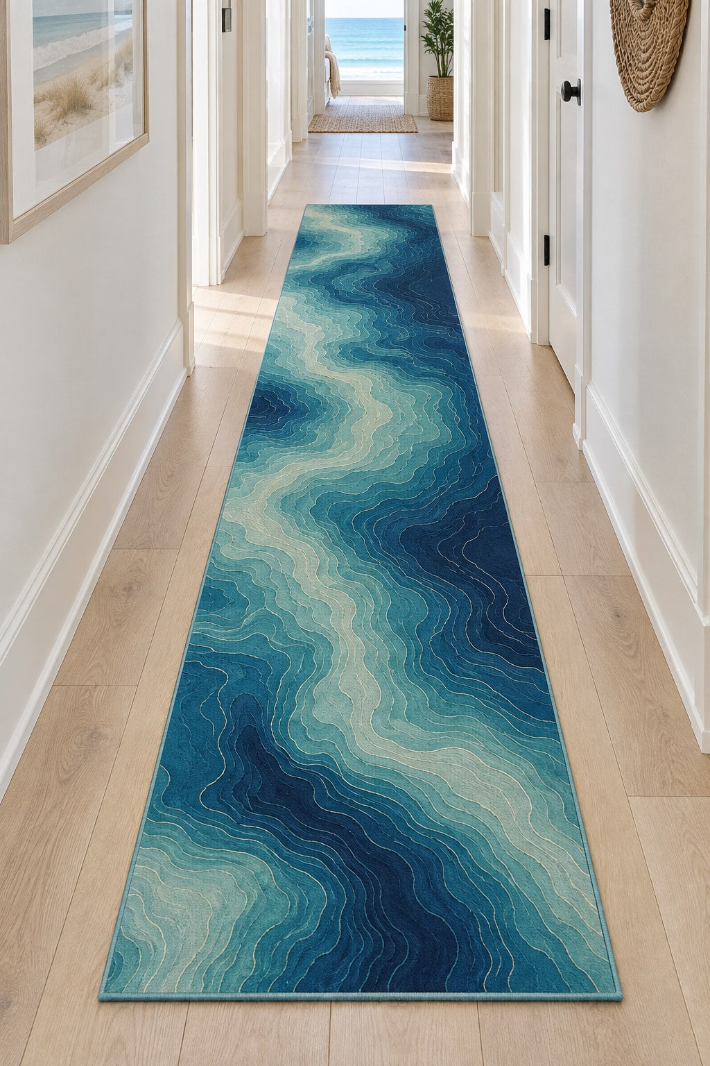 Ocean Depth Contours Runner Rug with dimensional printed themed artwork; representative AI-generated mockup.