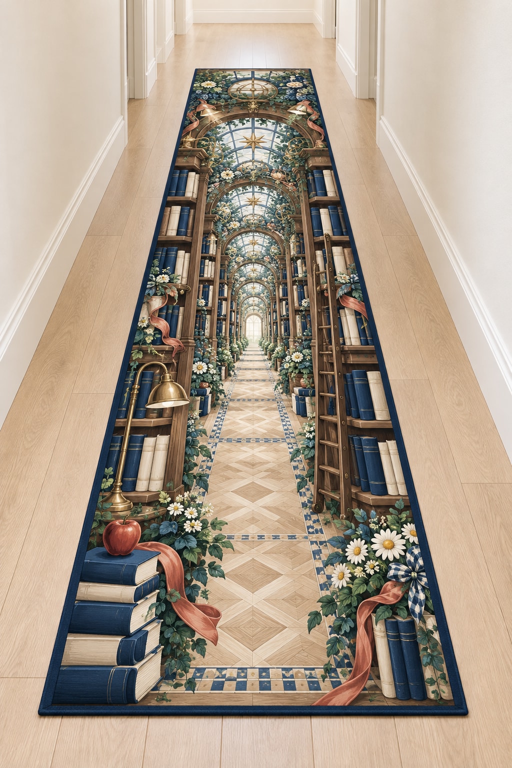 Storybook Library Conservatory Runner Rug with dimensional printed themed artwork; representative AI-generated mockup.