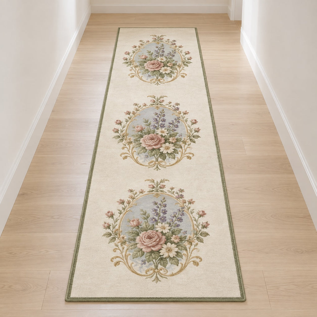 Vintage Garden Cameo Runner Rug with dimensional printed themed artwork; representative AI-generated mockup.
