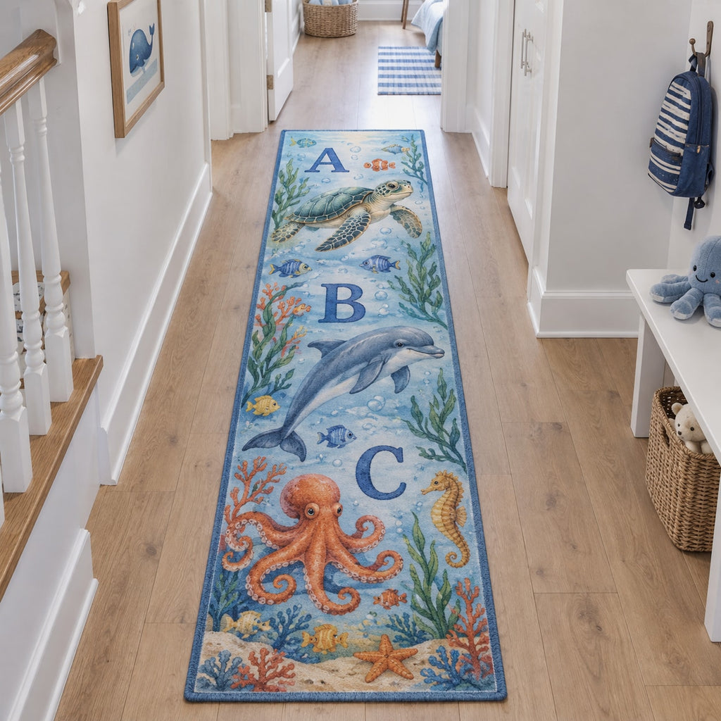 Ocean Animal Alphabet Runner Rug with dimensional printed themed artwork; representative AI-generated mockup.