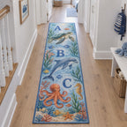 Ocean Animal Alphabet Runner Rug with dimensional printed themed artwork; representative AI-generated mockup.