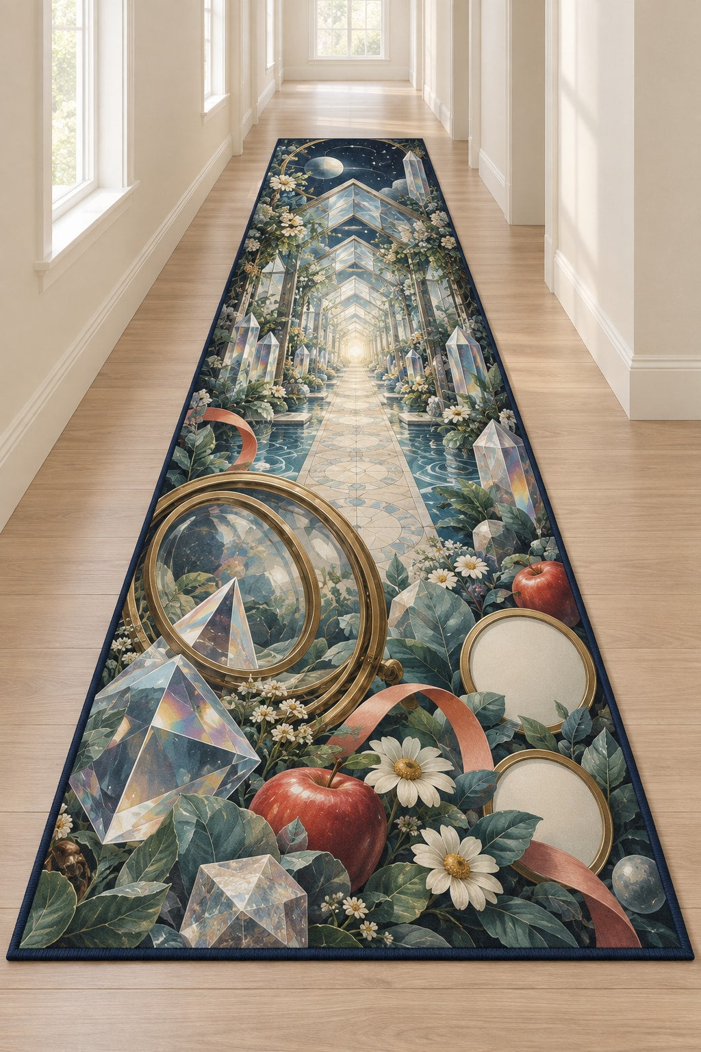Prismatic Discovery Conservatory Runner Rug with dimensional printed themed artwork; representative AI-generated mockup.