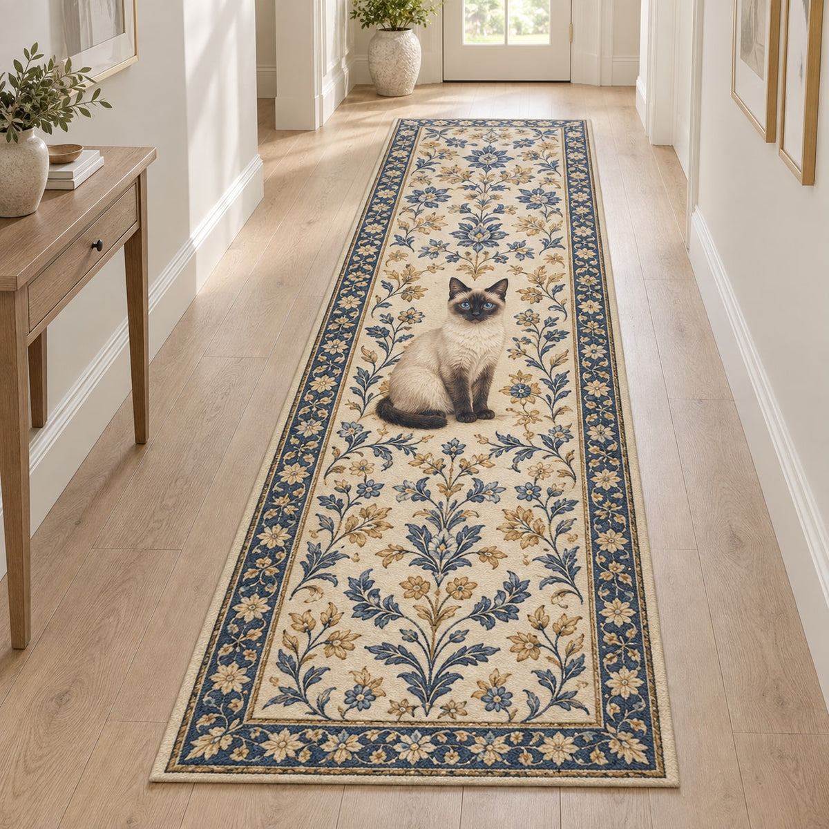Siamese Cat Companion Runner Rug with dimensional printed themed artwork; representative AI-generated mockup.
