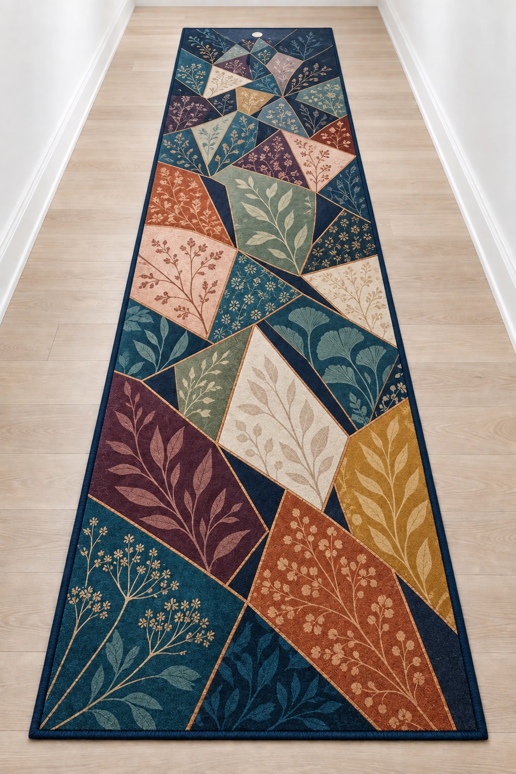 Threadlight Bloomrift Runner Rug with dimensional printed themed artwork; representative AI-generated mockup.