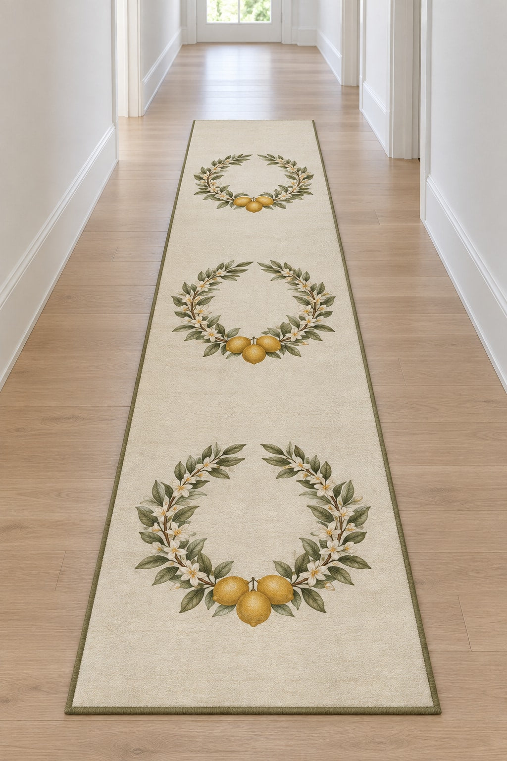 Citrus Garden Wedding Wreath Runner Rug with dimensional printed themed artwork; representative AI-generated mockup.