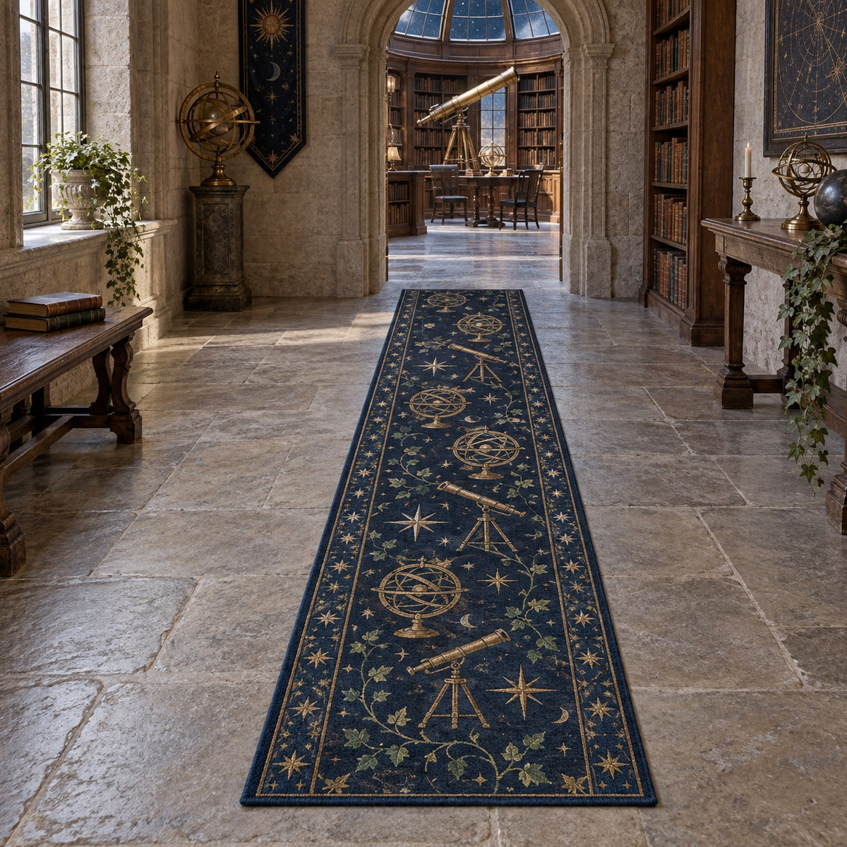 Ancient Observatory Runner Rug with dimensional printed themed artwork; representative AI-generated mockup.