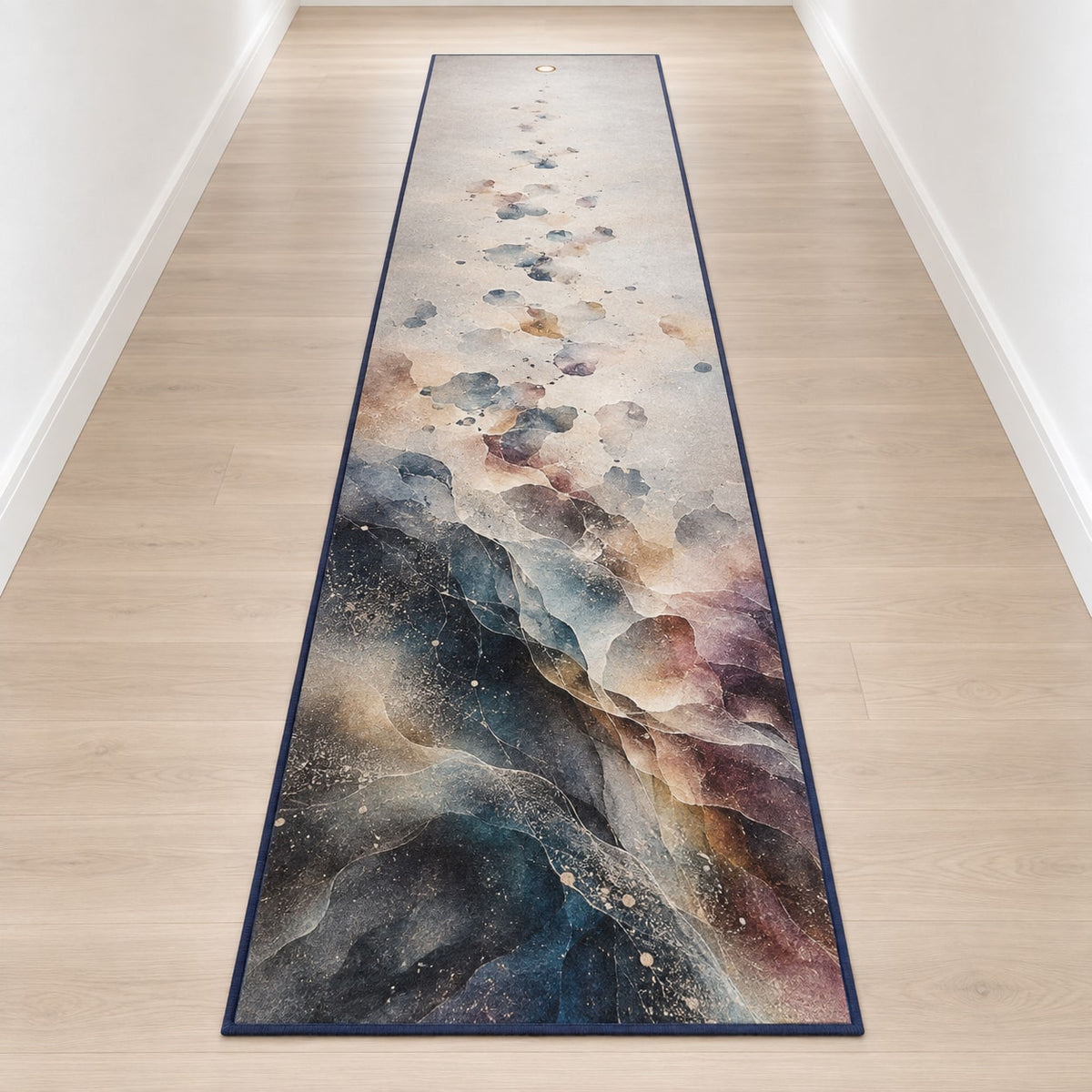 Silvergrain Afterimage Runner Rug with dimensional printed themed artwork; representative AI-generated mockup.