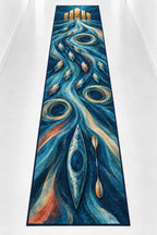 Riverglass Paddle Confluence Runner Rug with dimensional printed themed artwork; representative AI-generated mockup.