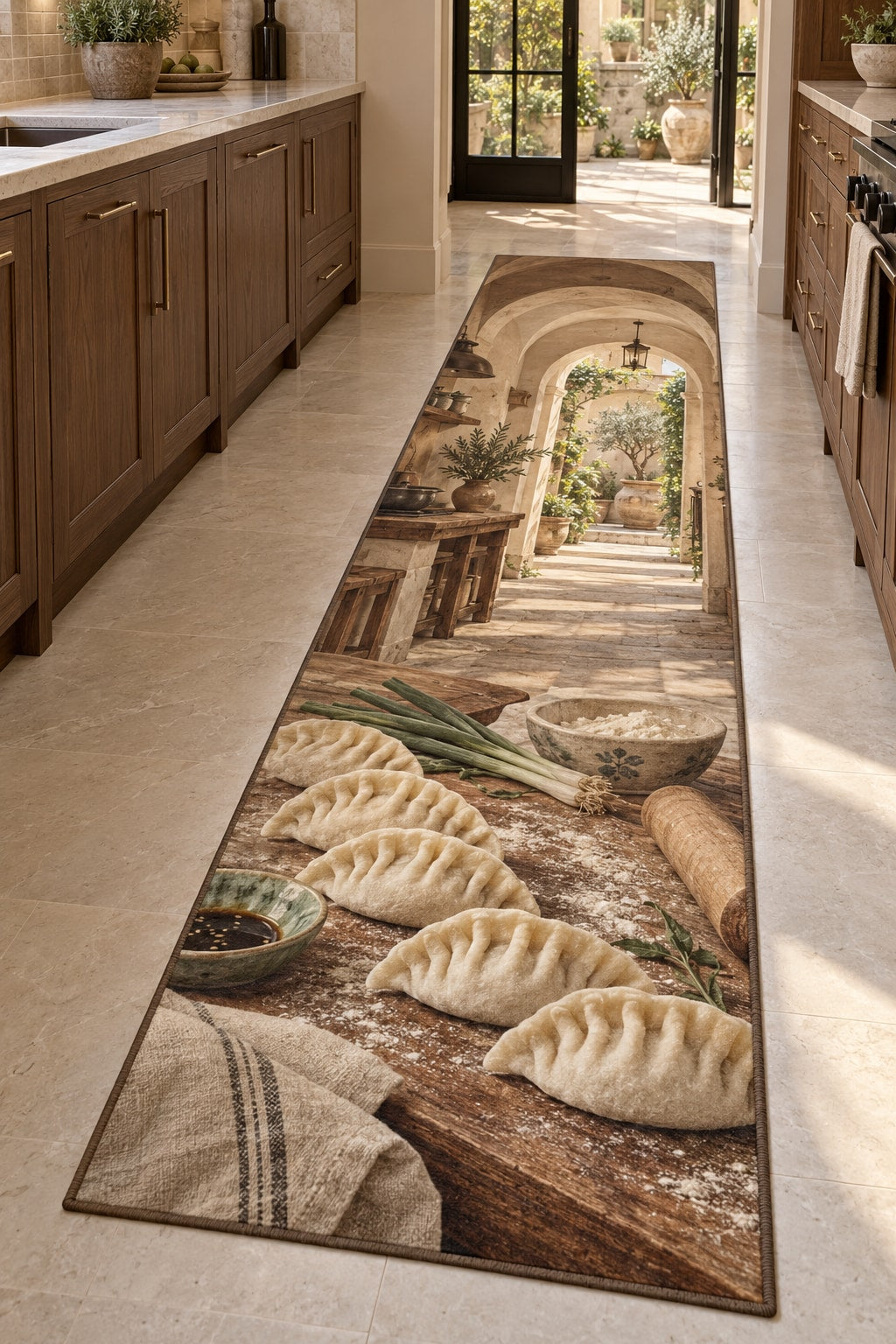 Dumpling Making Runner Rug with dimensional printed themed artwork; representative AI-generated mockup.